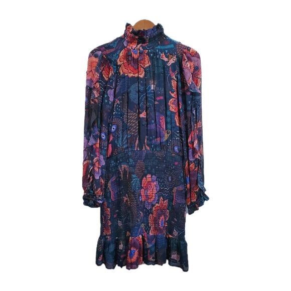 Farm Rio Size Medium Smocked High Neck Mini Dress Printed Ruffle Teal - Picture 1 of 13
